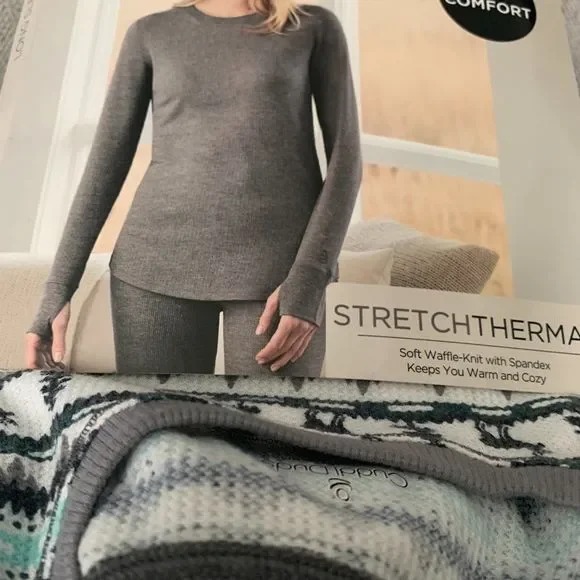 CUDDL DUDS Stretch Thermal Long Sleeve Crew Shirt Aqua Deer Stripe - Picture 3 of 5